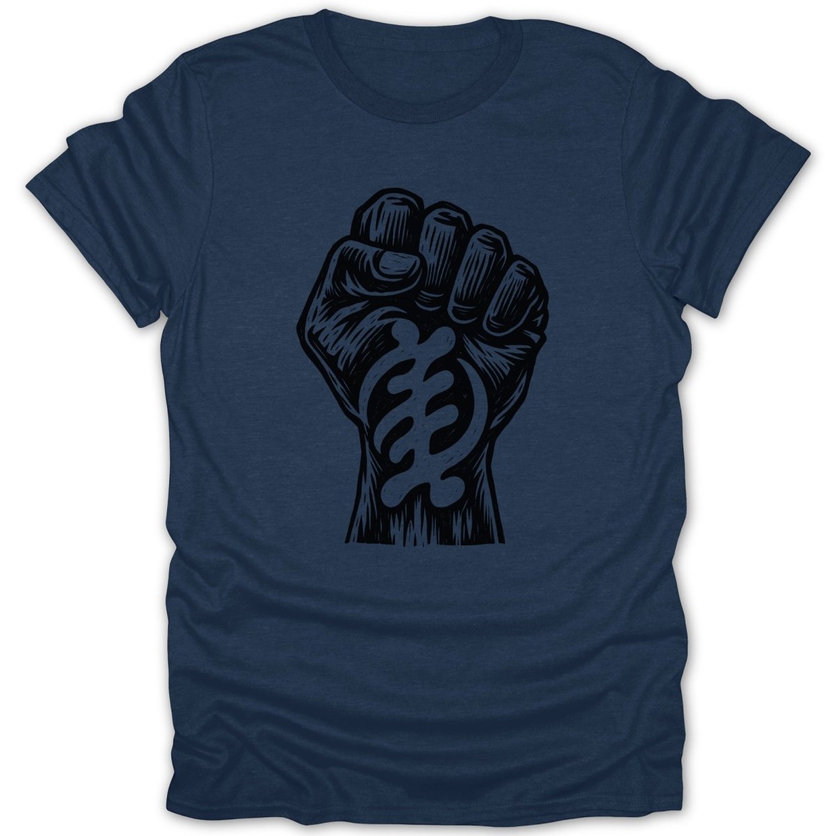 Navy t-shirt with a black raised fist and Sankofa symbol design.