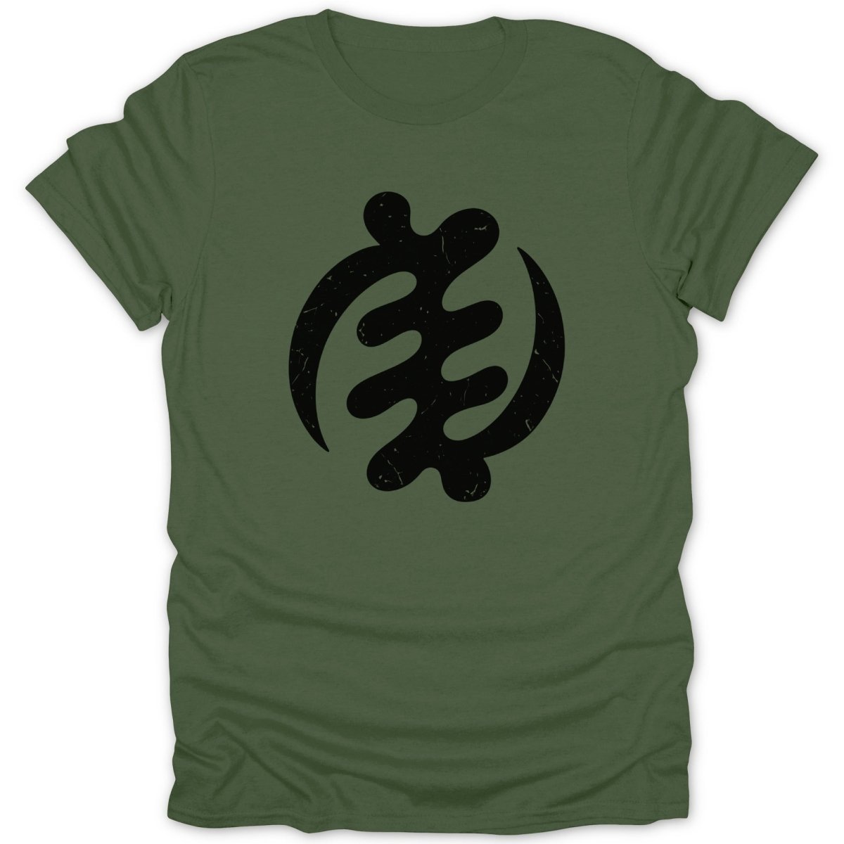 Green t-shirt with a black Adinkra symbol Gye Nyame graphic.