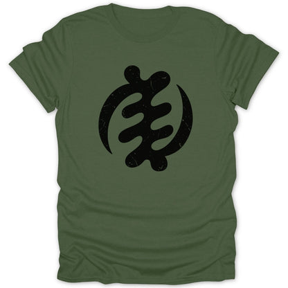 Green t-shirt with a black Adinkra symbol Gye Nyame graphic.