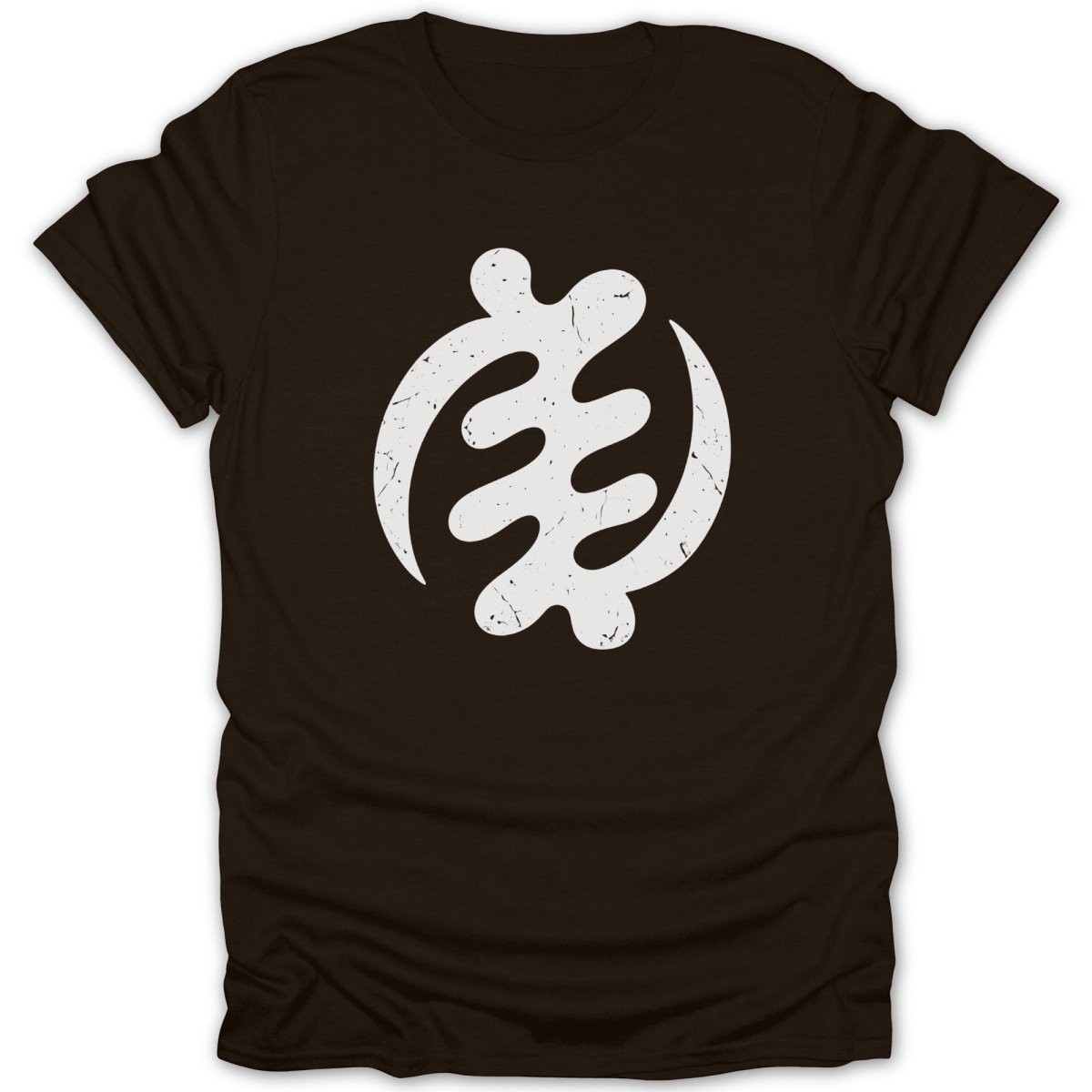 Brown t-shirt with a distressed white Sankofa symbol printed on the chest.