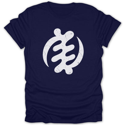 Navy t-shirt with a distressed white Gye Nyame symbol graphic.