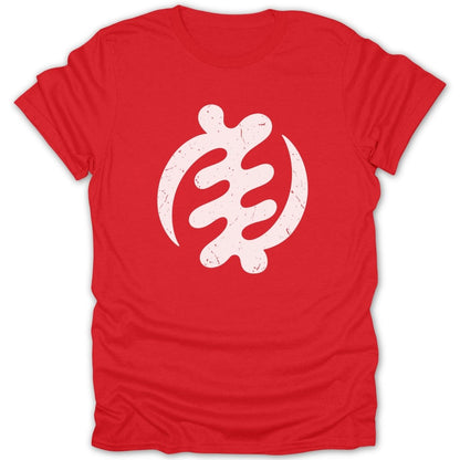 Red t-shirt with a white distressed Gye Nyame symbol on the front.