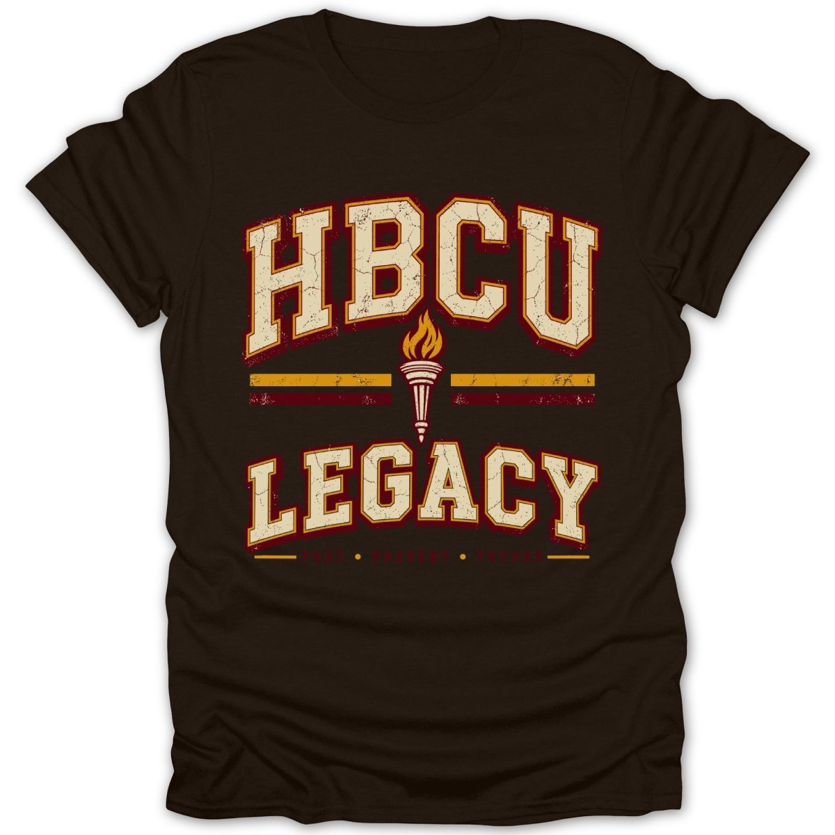 Brown t-shirt with distressed text "HBCU LEGACY" and a torch graphic.