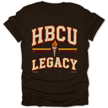 Brown t-shirt with distressed text "HBCU LEGACY" and a torch graphic.