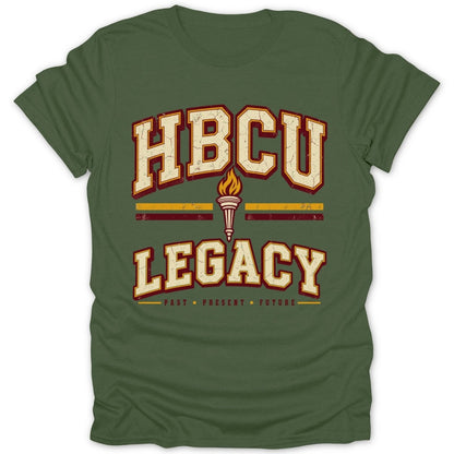 Green t-shirt with "HBCU LEGACY PAST PRESENT FUTURE" text and torch graphic.