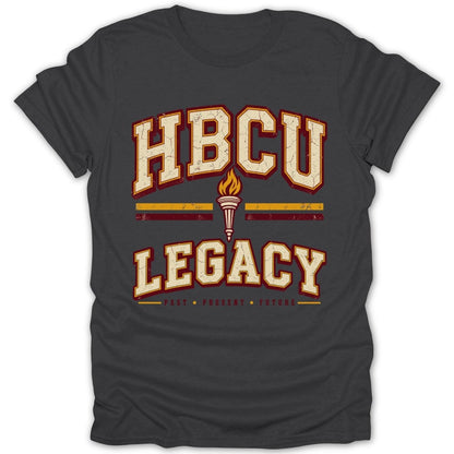T-shirt with "HBCU LEGACY PAST PRESENT FUTURE" text and a torch graphic.