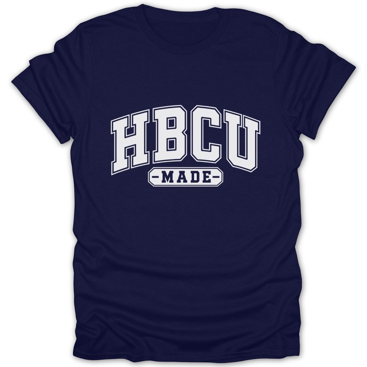 Navy blue t-shirt with white "HBCU MADE" graphic.