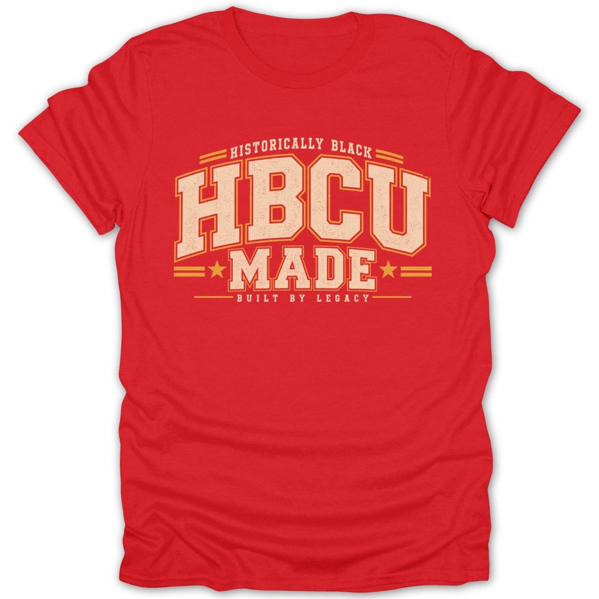 Red t-shirt with "HBCU Made Built by Legacy" text in distressed vintage style.