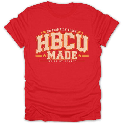 Red t-shirt with "HBCU Made Built by Legacy" text in distressed vintage style.