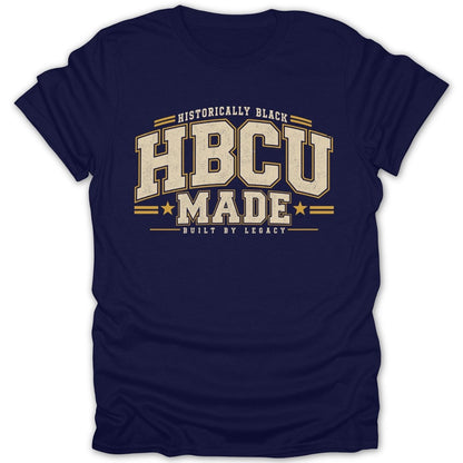 Navy t-shirt with "HBCU MADE BUILT BY LEGACY" text in vintage style.