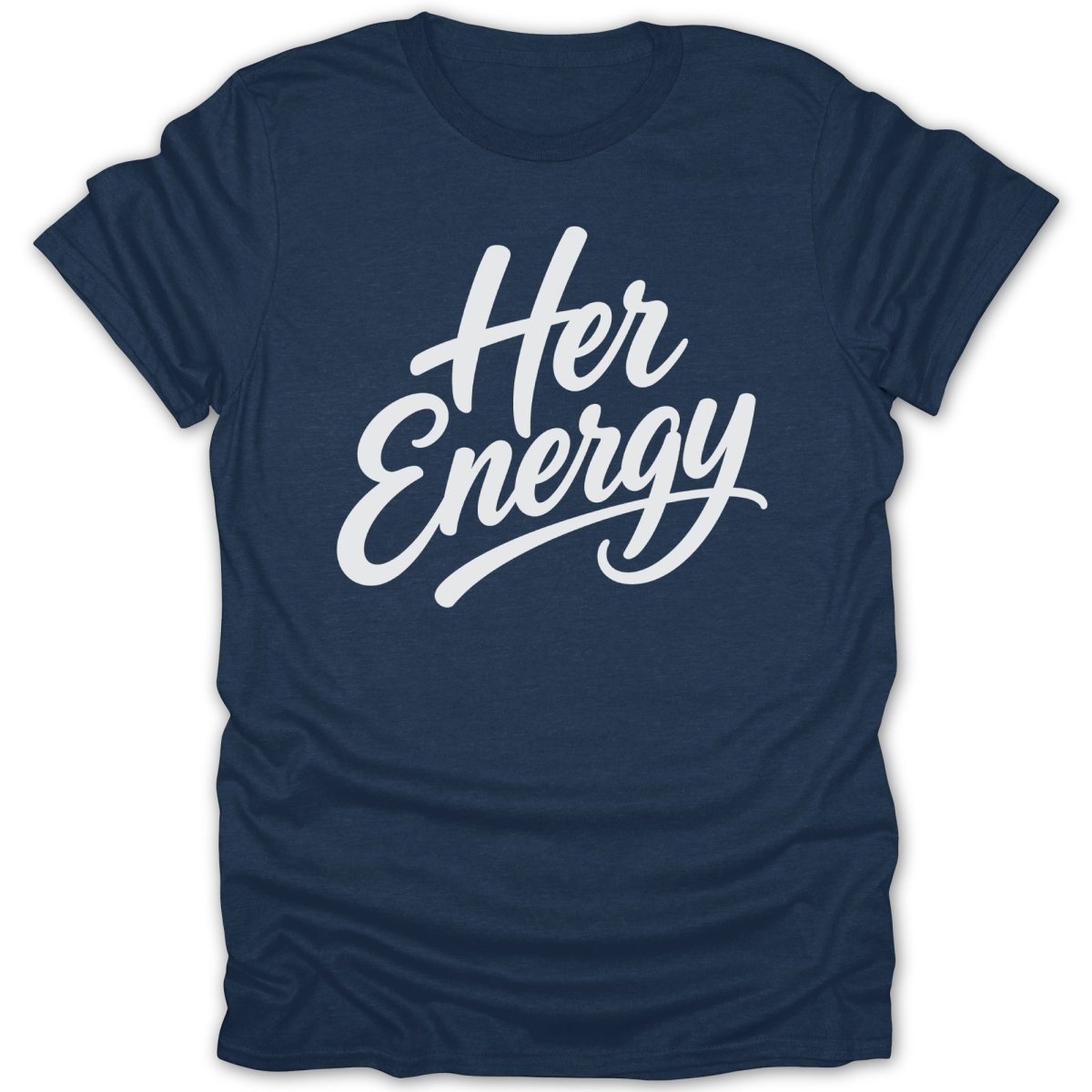 Navy t-shirt with white cursive text "Her Energy"