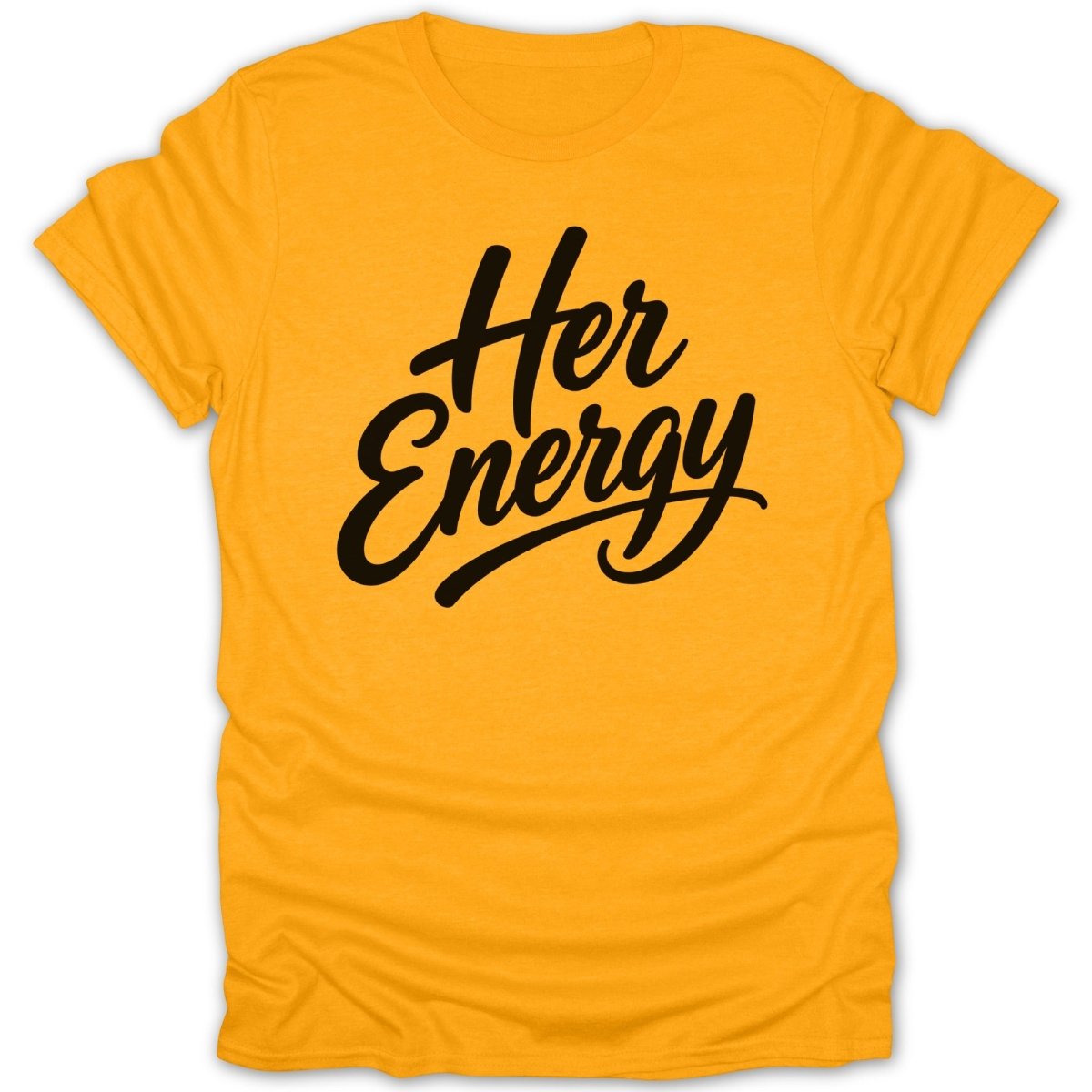 Yellow t-shirt with black script text that reads "Her Energy".