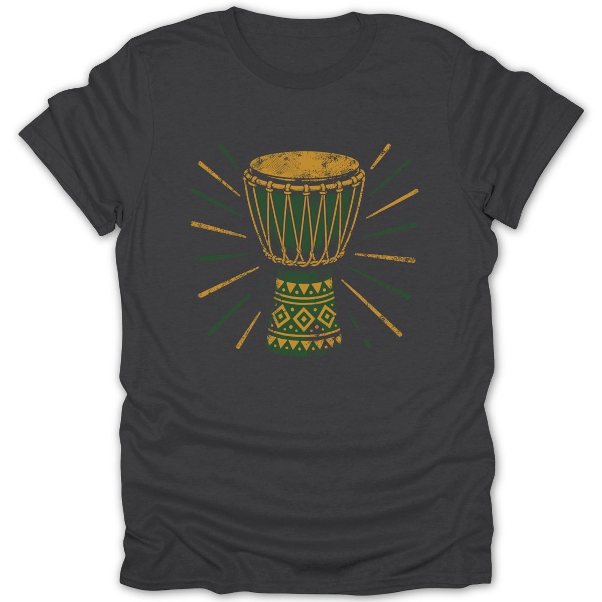 Djembe drum with radiating green and yellow lines and geometric patterns.