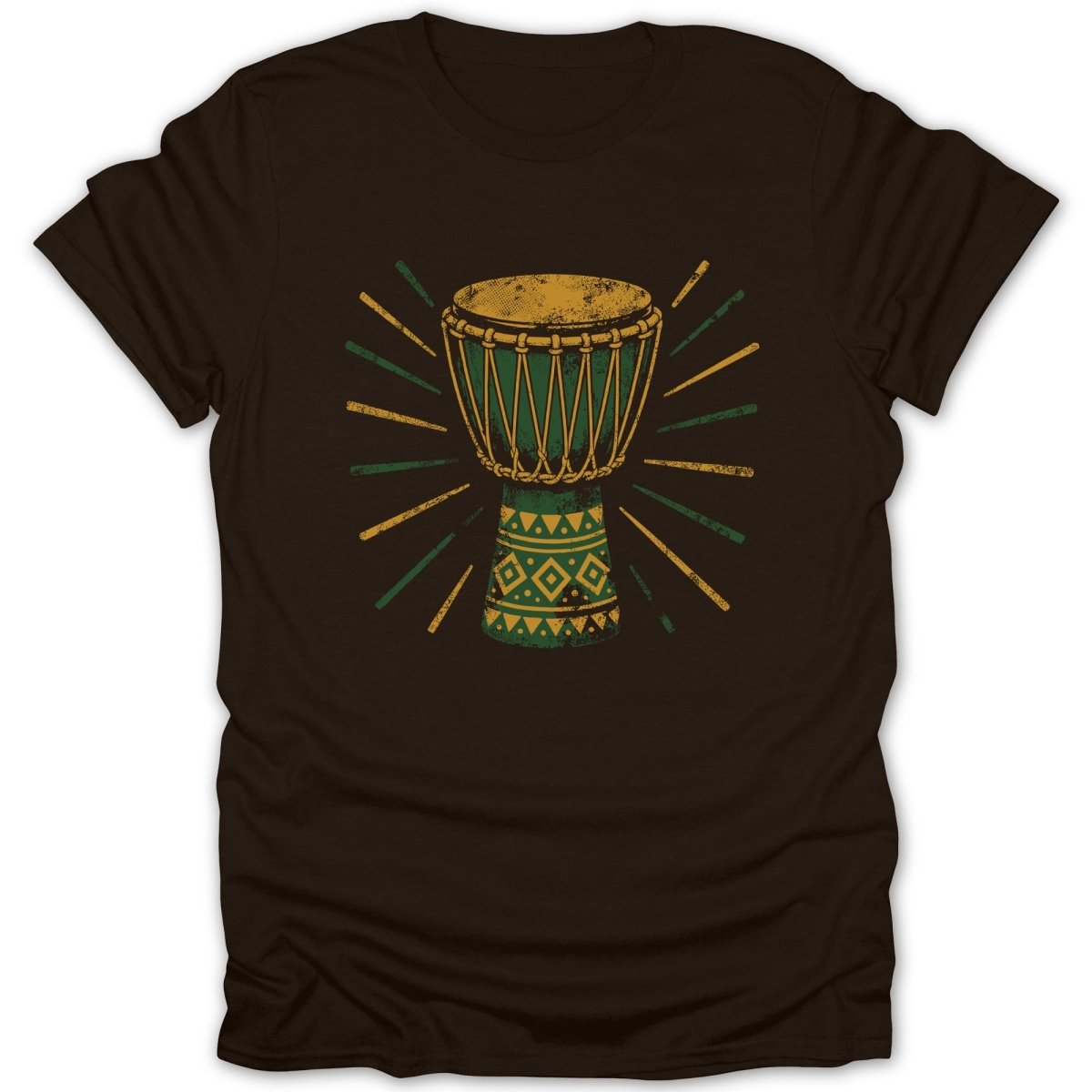 Brown t-shirt with distressed green and gold djembe drum graphic.