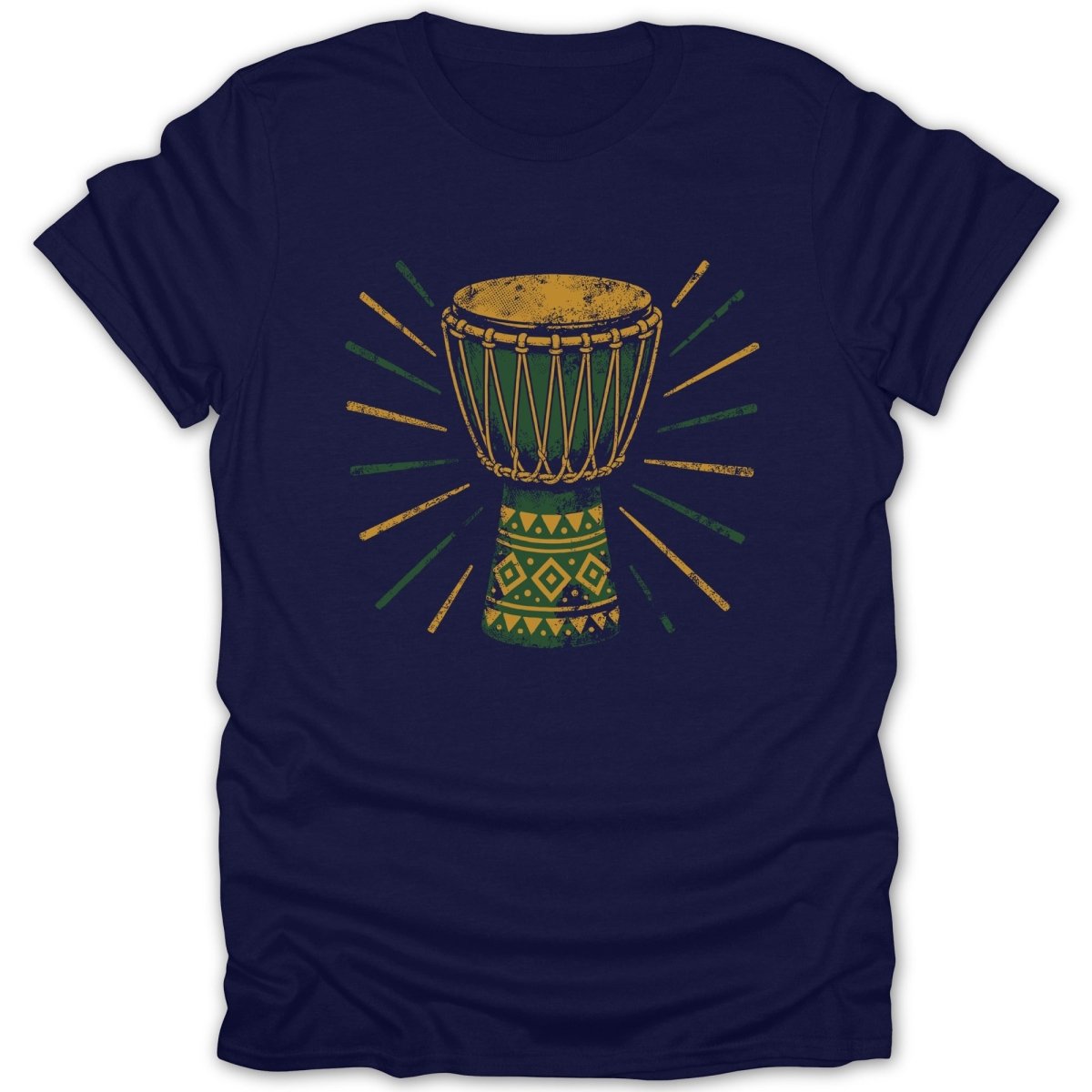 Dark blue t-shirt with a green and yellow patterned drum graphic.