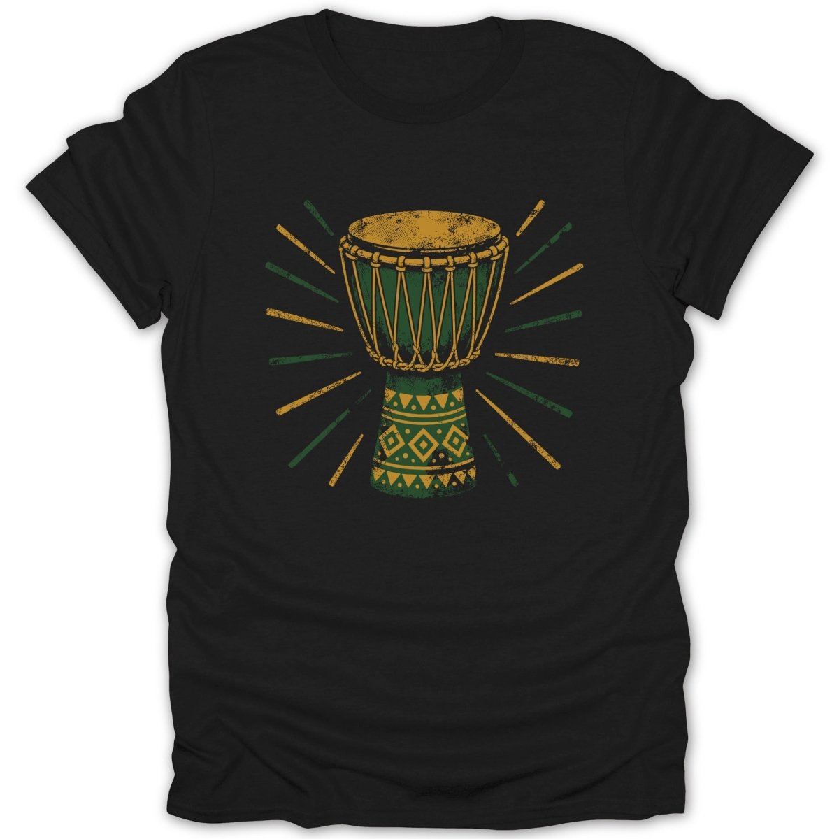 Black t-shirt with a green and yellow graphic of a djembe drum.