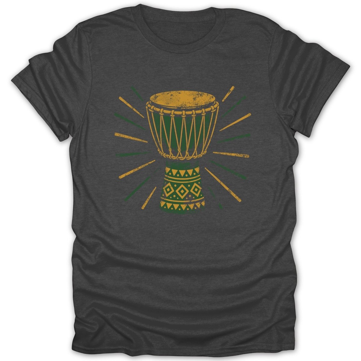 Drum with stick accents and geometric pattern on a dark t-shirt.