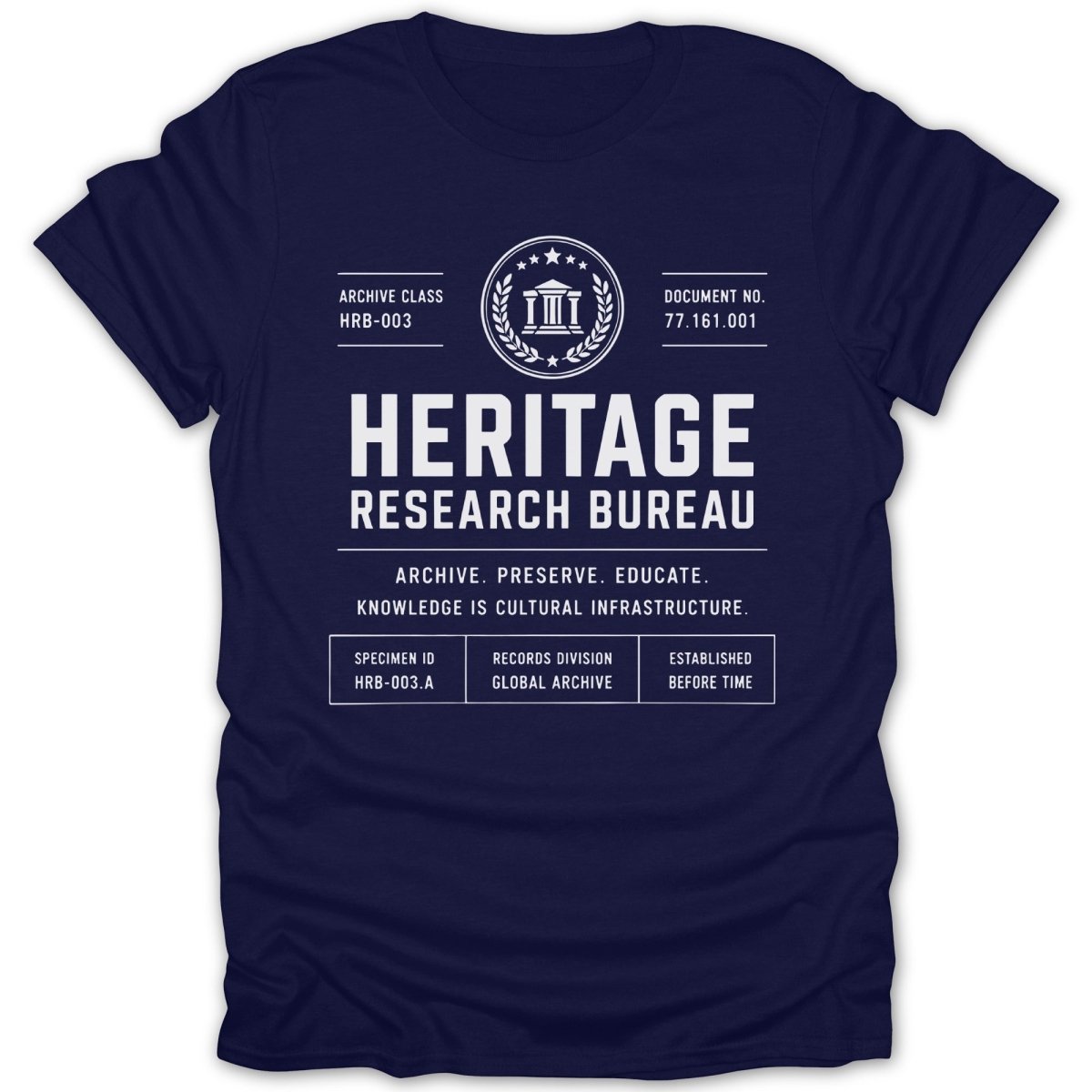 Navy t-shirt with white text reading "Heritage Research Bureau" and archive details.