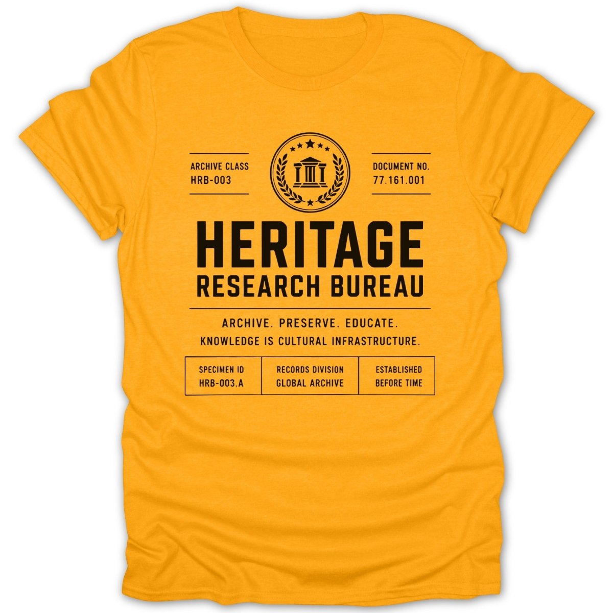 Orange t-shirt with black text "Heritage Research Bureau" and archive details.