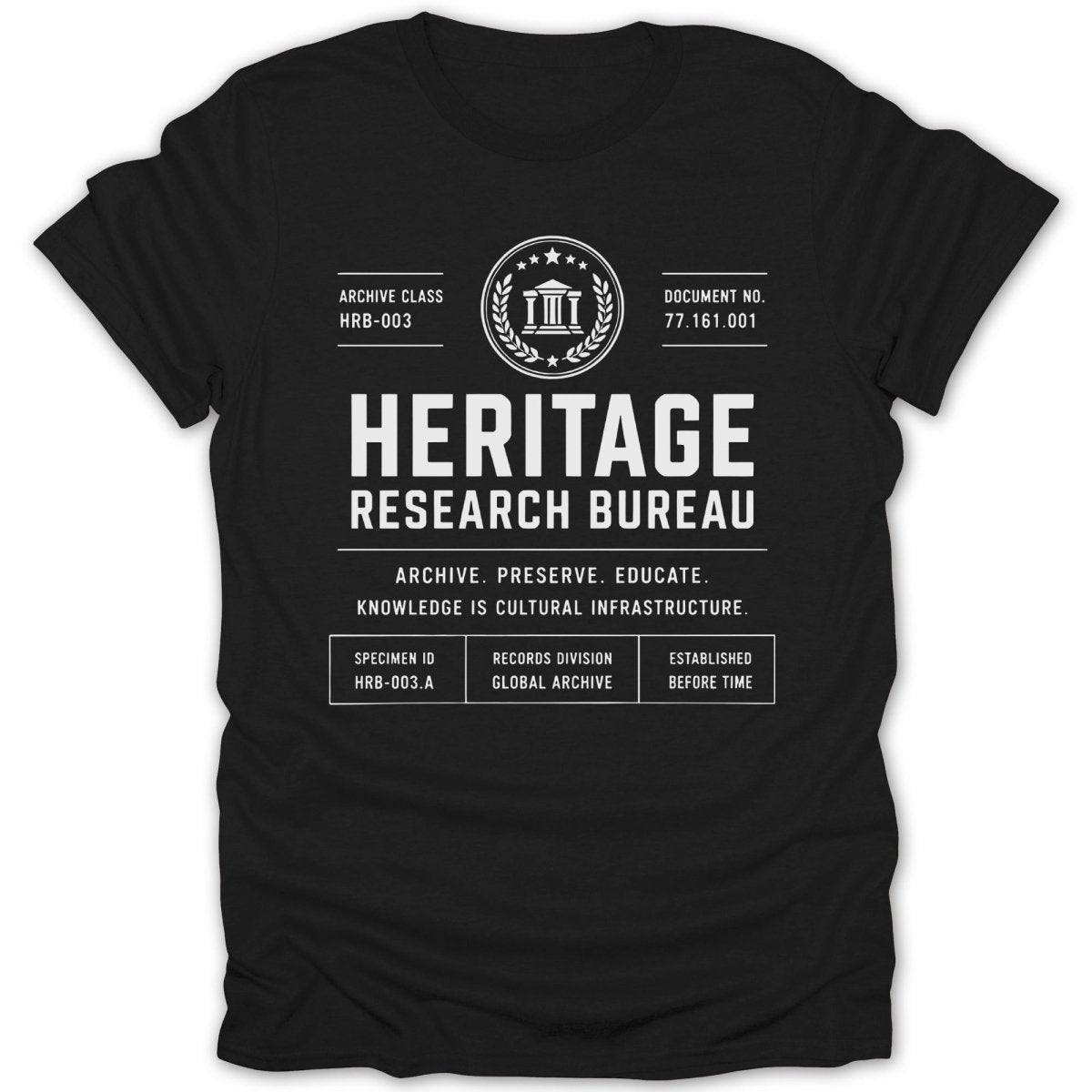 Black t-shirt with "HERITAGE RESEARCH BUREAU" in white text, plus archive details.