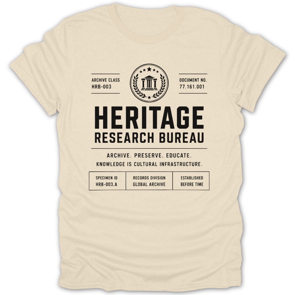 Cream t-shirt with "Heritage Research Bureau" text, archive details, and a building icon.