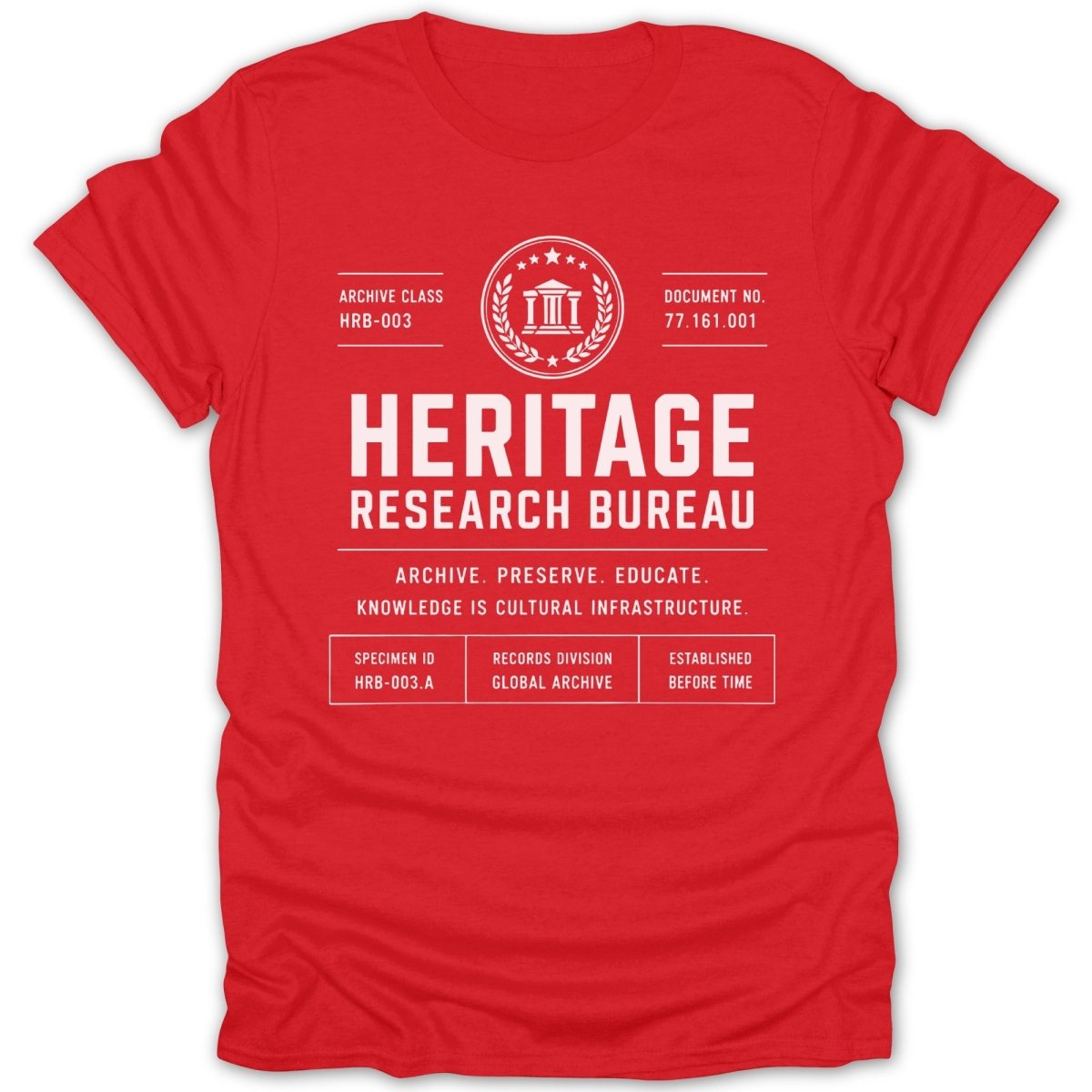 Red t-shirt with "HERITAGE RESEARCH BUREAU" and archival text.