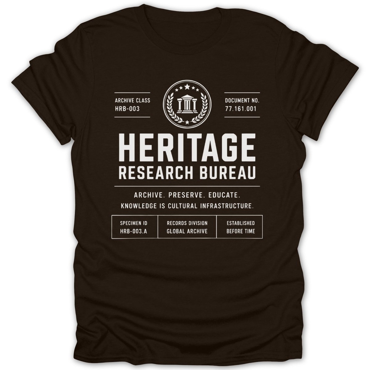 Brown t-shirt with "Heritage Research Bureau" and archive-themed text and logo.