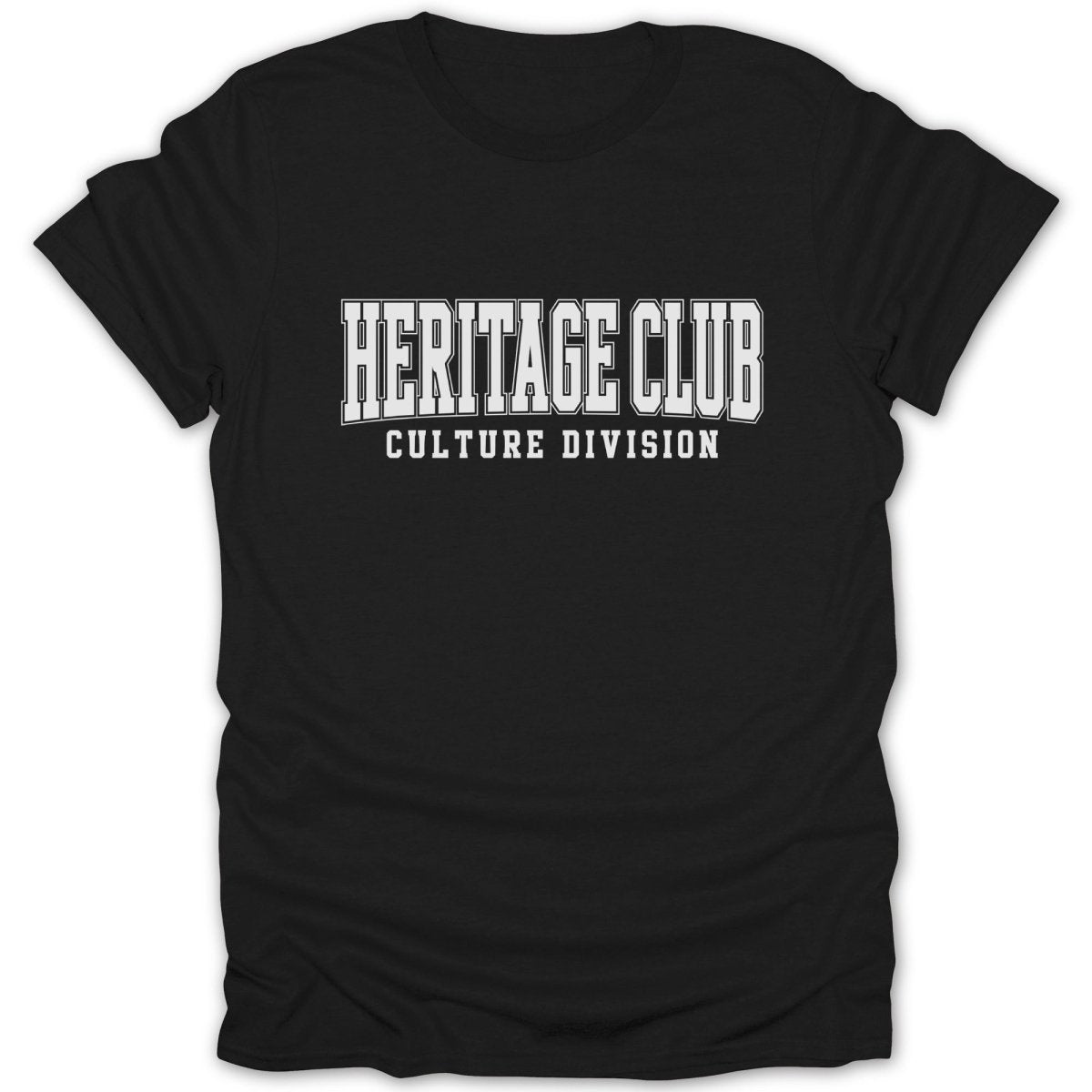 Black t-shirt with white text reading "HERITAGE CLUB CULTURE DIVISION".