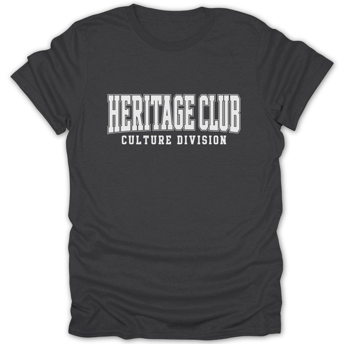 Dark grey t-shirt with white text "HERITAGE CLUB CULTURE DIVISION"