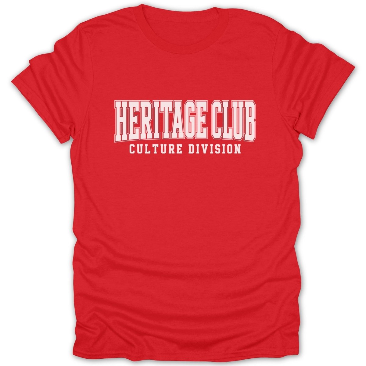 Red t-shirt with white "HERITAGE CLUB CULTURE DIVISION" text.