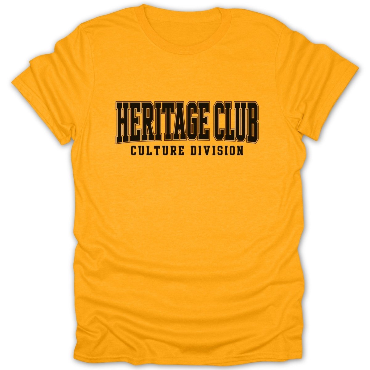 Orange t-shirt with "HERITAGE CLUB CULTURE DIVISION" text in black block letters.