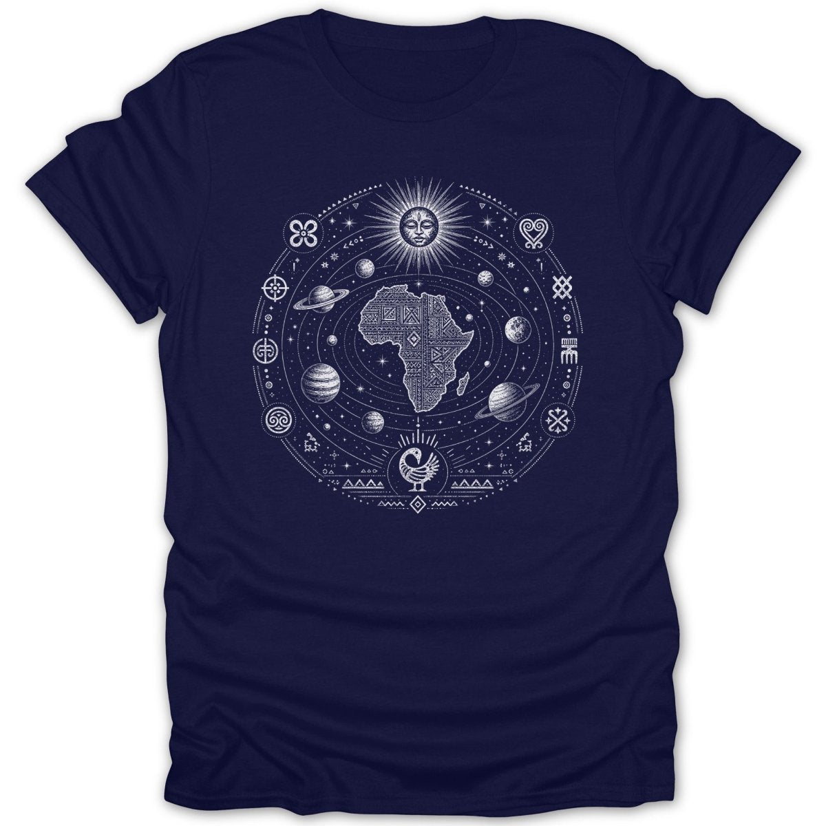T-shirt with a white African continent solar system design and Adinkra symbols.