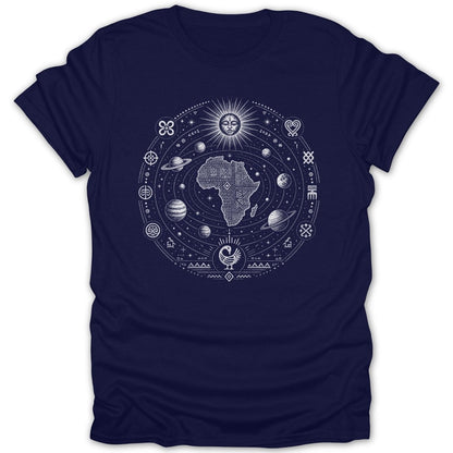 T-shirt with a white African continent solar system design and Adinkra symbols.