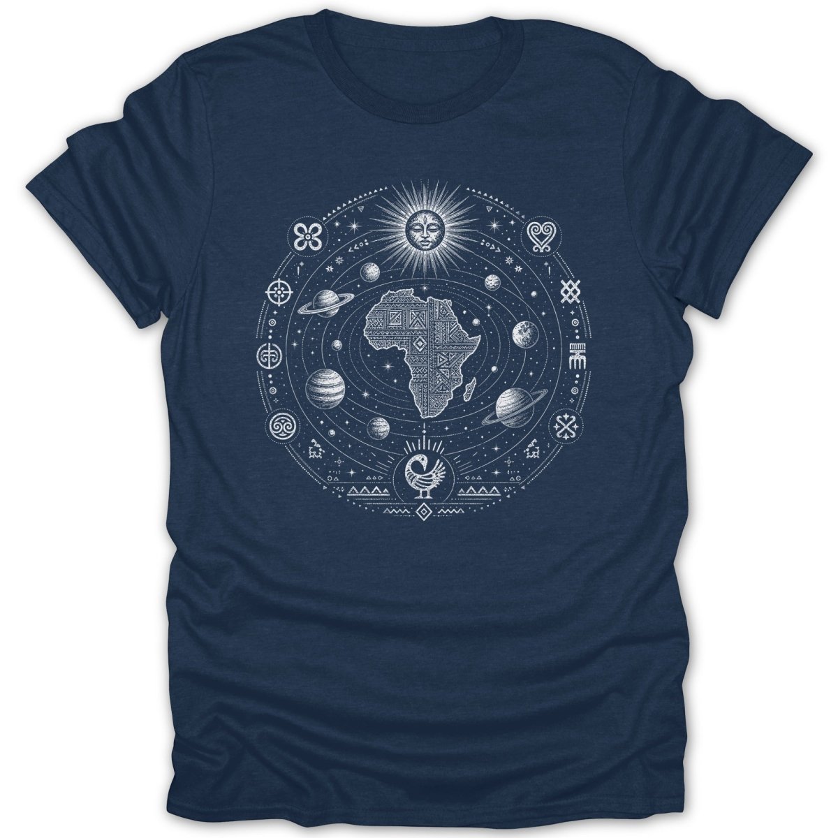 Navy t-shirt with white print of Africa surrounded by planets, sun, and Adinkra symbols.