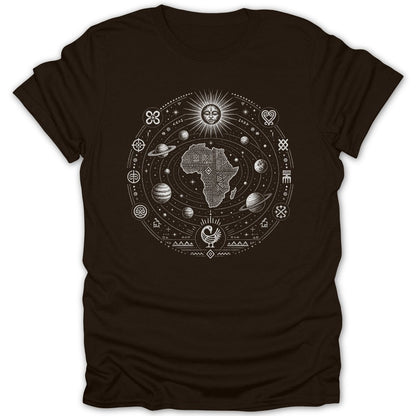 Brown t-shirt with a circular graphic of Africa, celestial bodies, and cultural symbols.