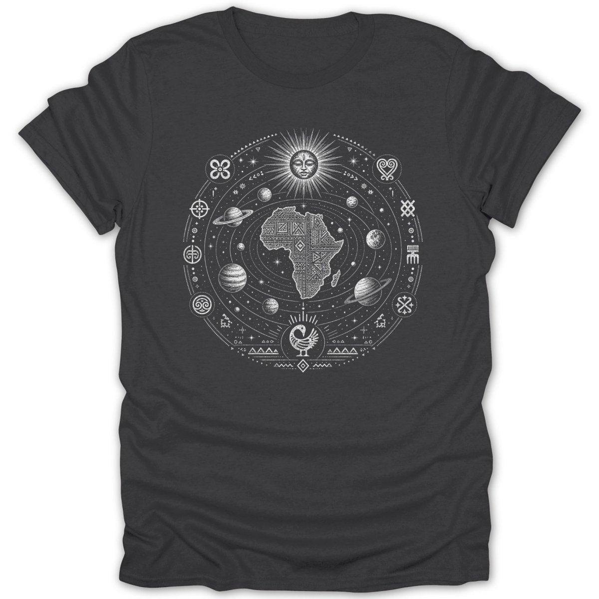 Dark t-shirt with a circular design featuring Africa, planets, sun, and Adinkra symbols.
