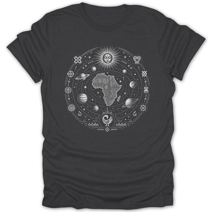 Dark t-shirt with a circular design featuring Africa, planets, sun, and Adinkra symbols.