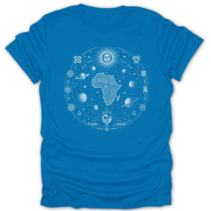 Blue t-shirt with white circular graphic featuring Africa, planets, sun, and Adinkra symbols.
