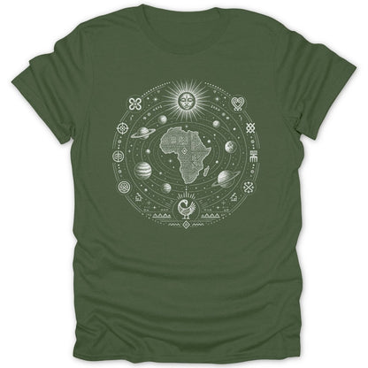 Green t-shirt with a white circular graphic featuring the continent of Africa, planets, and sun.