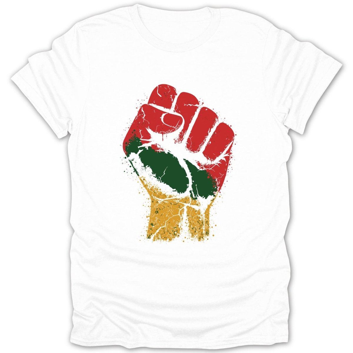 Fist graphic with red, green, and yellow colors, on a white t-shirt.