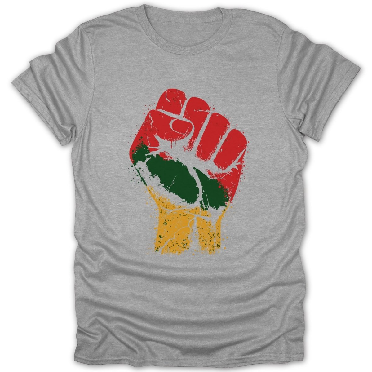 Grey t-shirt with a red, green, and yellow distressed fist graphic.