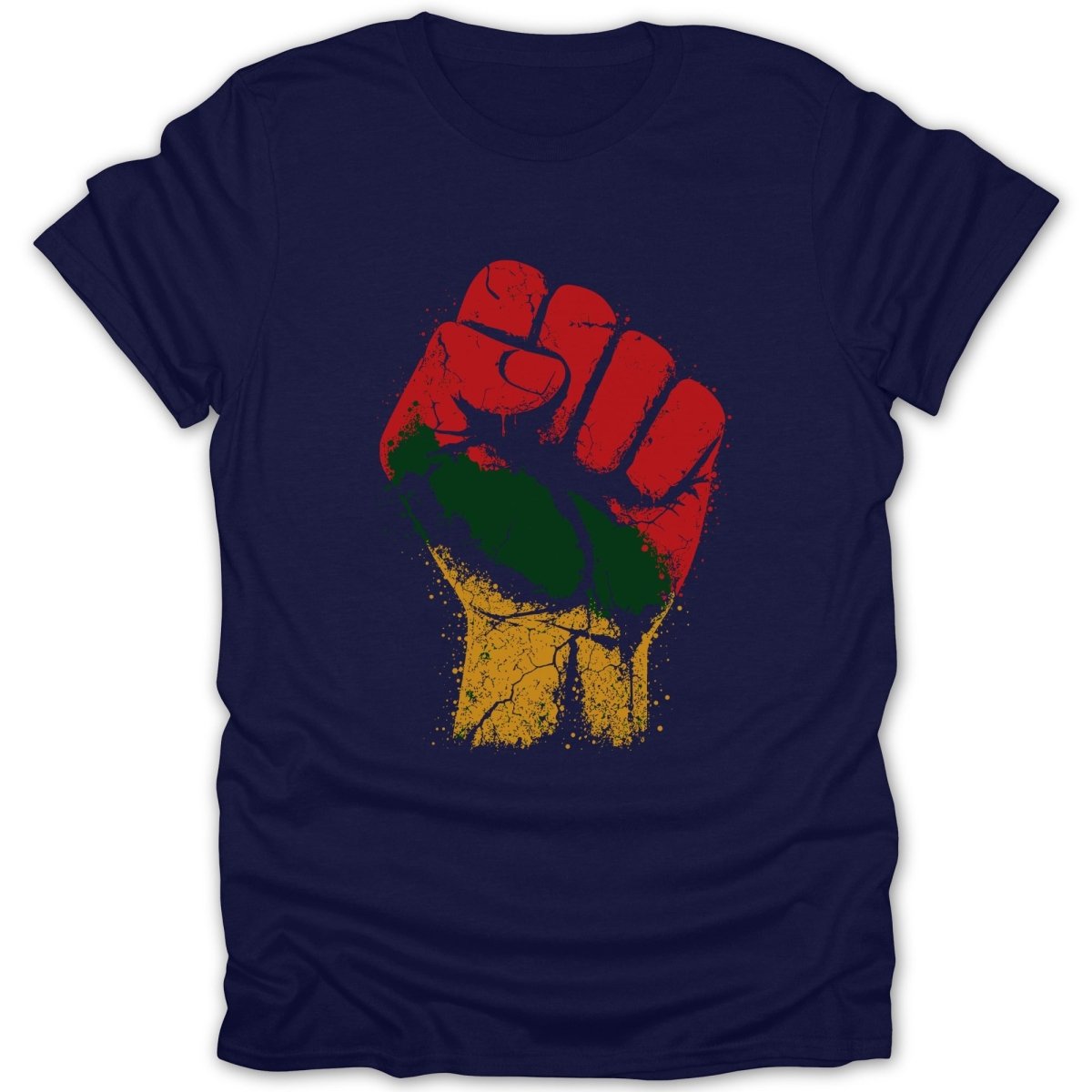 Navy t-shirt with a distressed red, green, and yellow fist graphic.