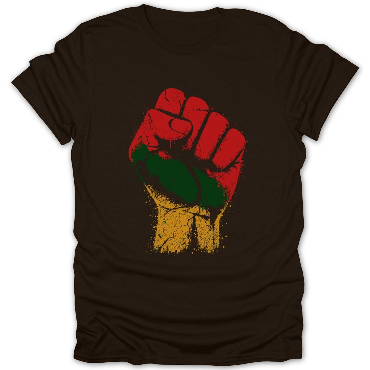 Brown t-shirt with a distressed red, green, and yellow fist graphic.