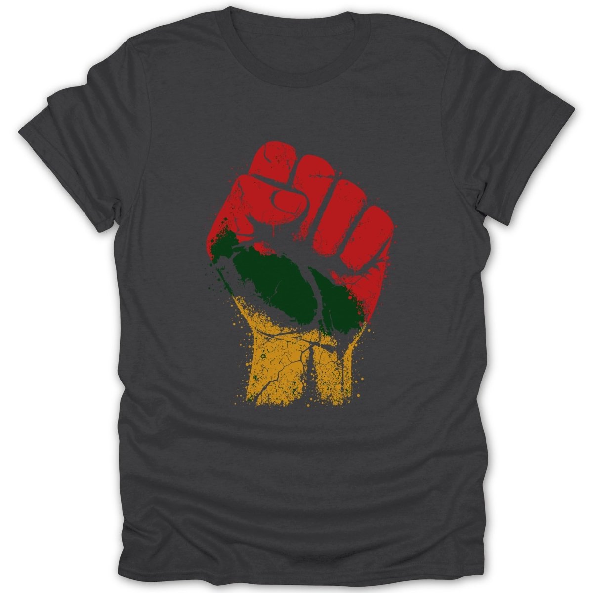 Dark grey crew neck t-shirt with a multi-colored clenched fist graphic.