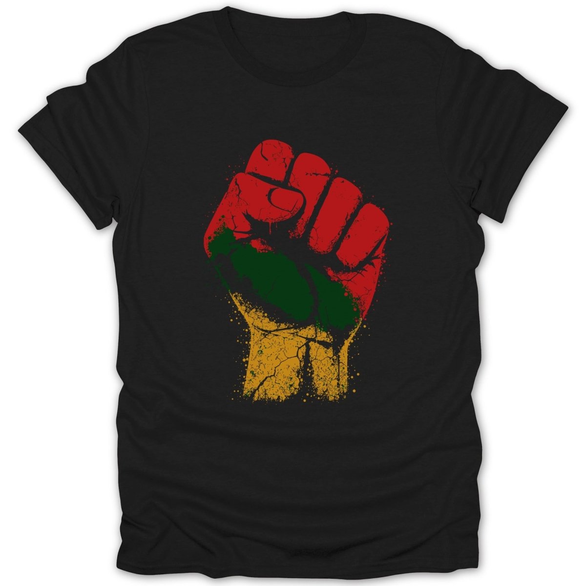 Black t-shirt with a textured red, green, and yellow fist graphic.