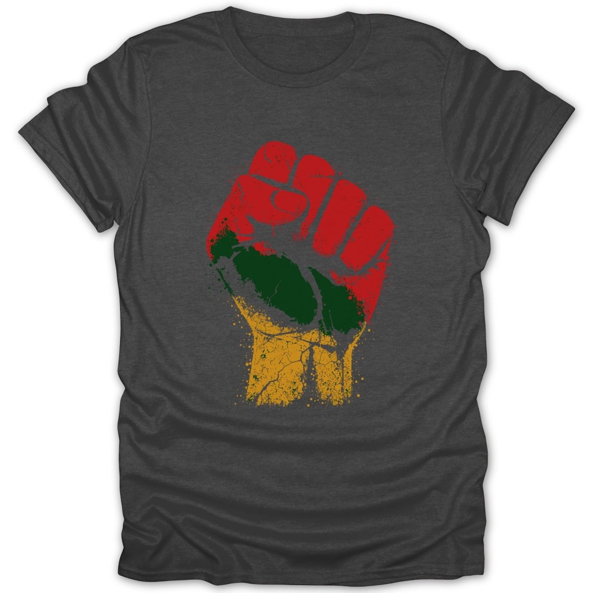 Dark gray t-shirt with a distressed red, green, and gold raised fist graphic.