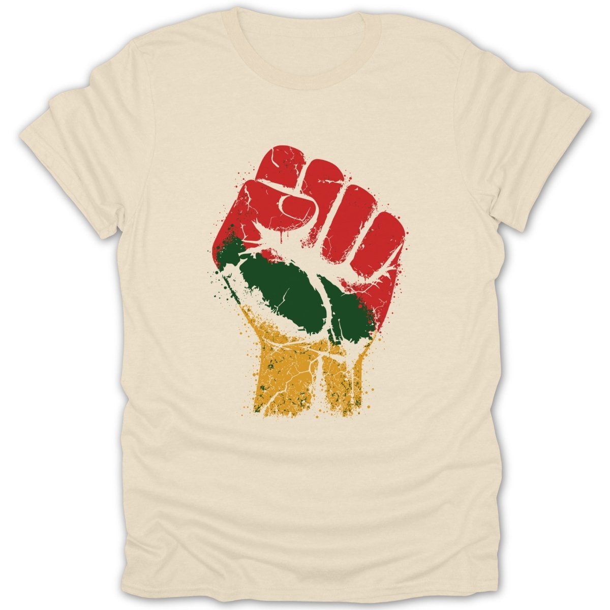 Cream t-shirt with red, green, and gold fist graphic and distressed texture.
