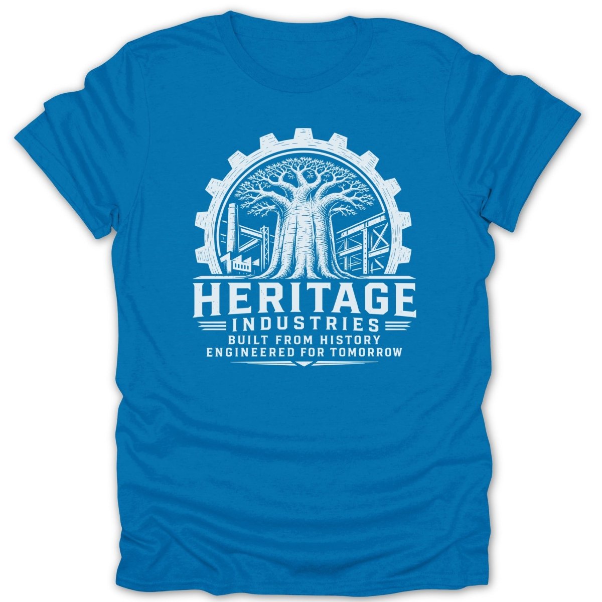 Blue t-shirt with "Heritage Industries" logo featuring a tree and gear.