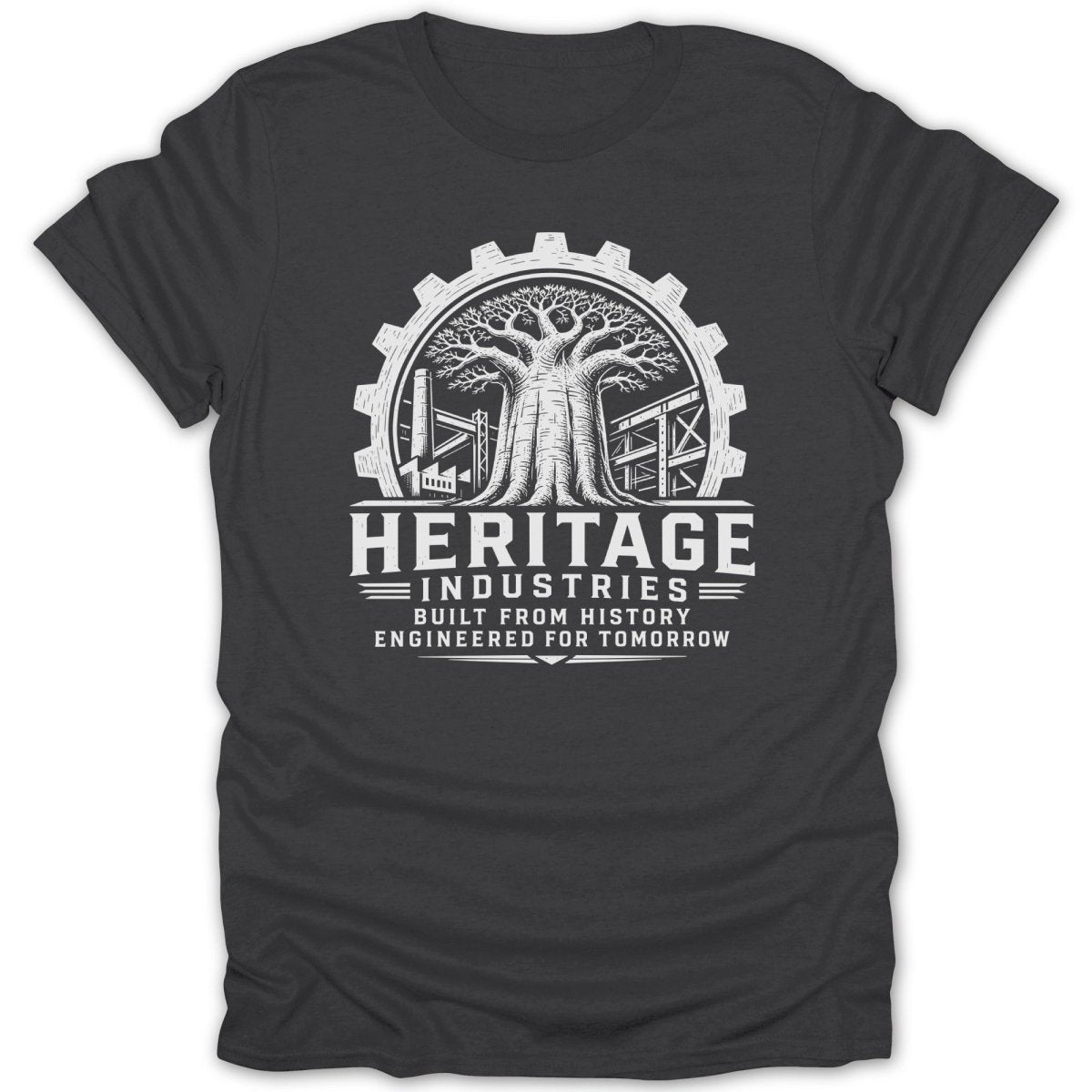 Dark t-shirt with white Heritage Industries logo featuring a tree inside a gear.