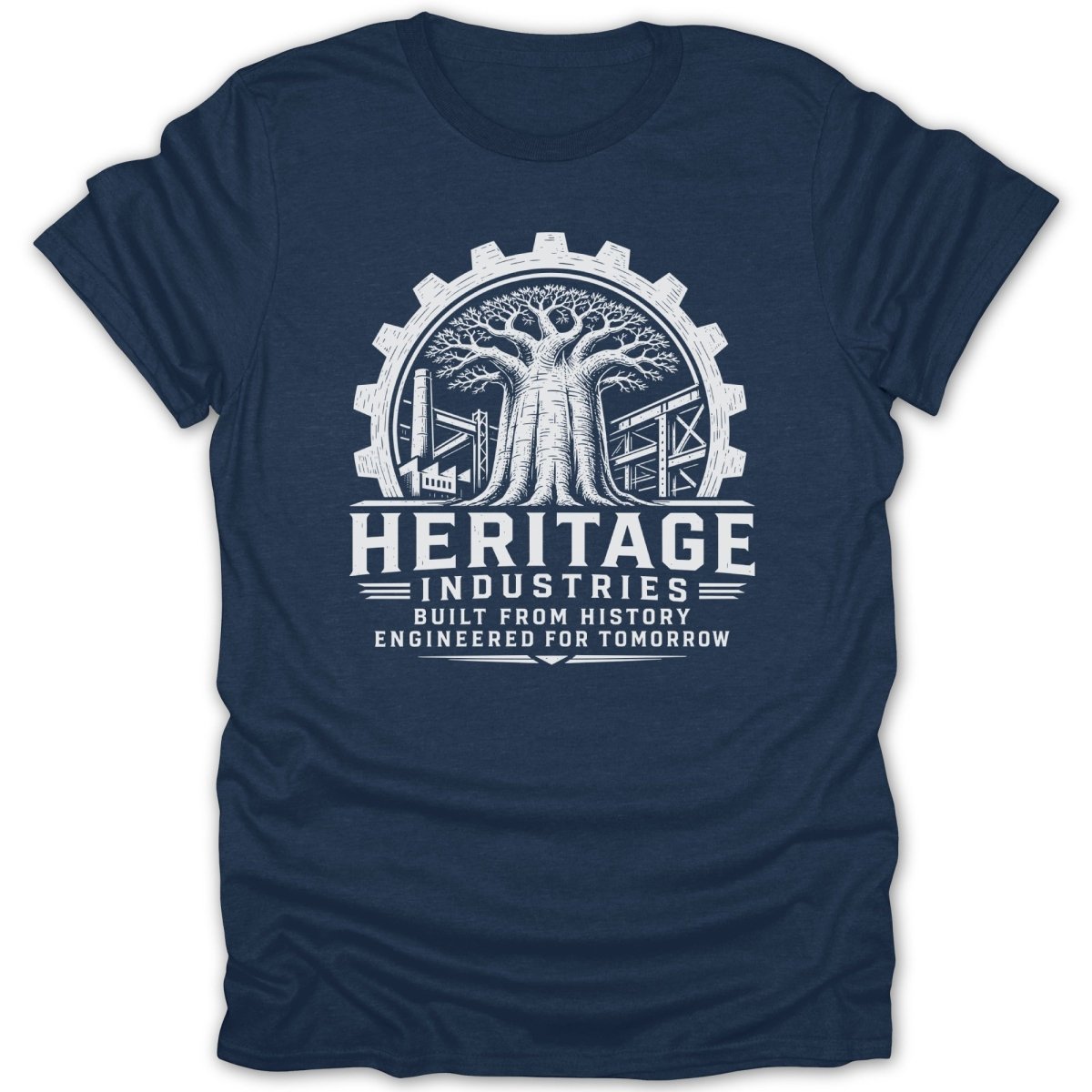 Navy t-shirt with white graphic: gear, baobab tree, factories, and text.